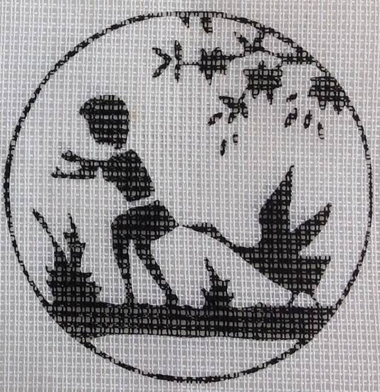 Voorbedruk borduurstramien zwart op wit kind met papagaai en kind met gans