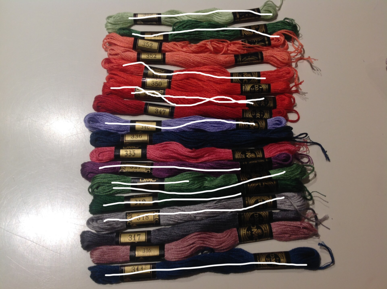 DMC-garen kleur 311 + 316 roze t/m 369 groen