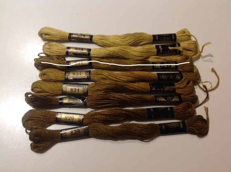 DMC-garen kleur 829 bruin t/m 834 licht groenbruin