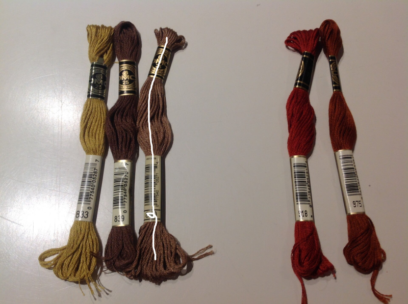 DMC-garen kleur 833 bruin t/m 840 + 918, 975