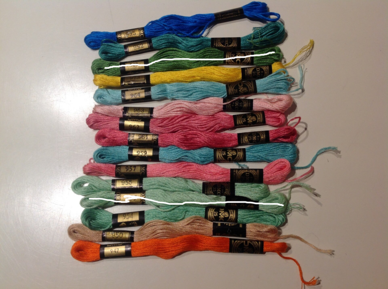 DMC-garen kleur 947 oranje t/m  995 blauw