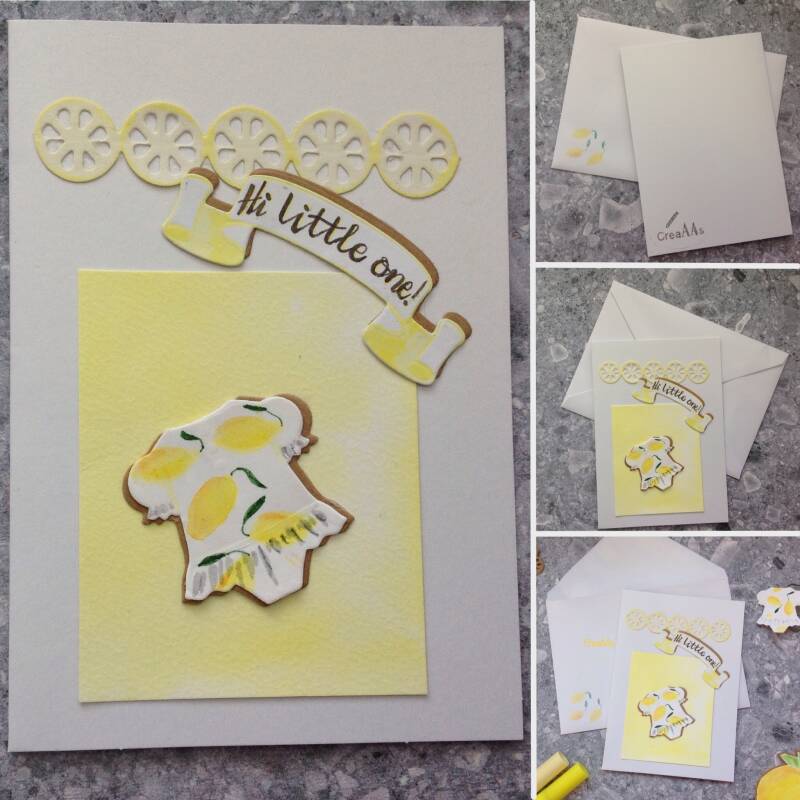 Dubbele kaart met rompertje met citroenen Hi little one