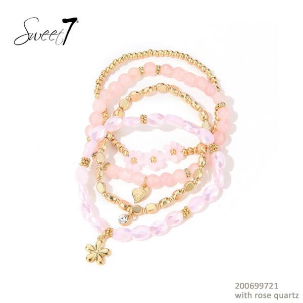 Sweet7 setje Rozekwarts armband afgewerkt met kralen 18 cm 200699721