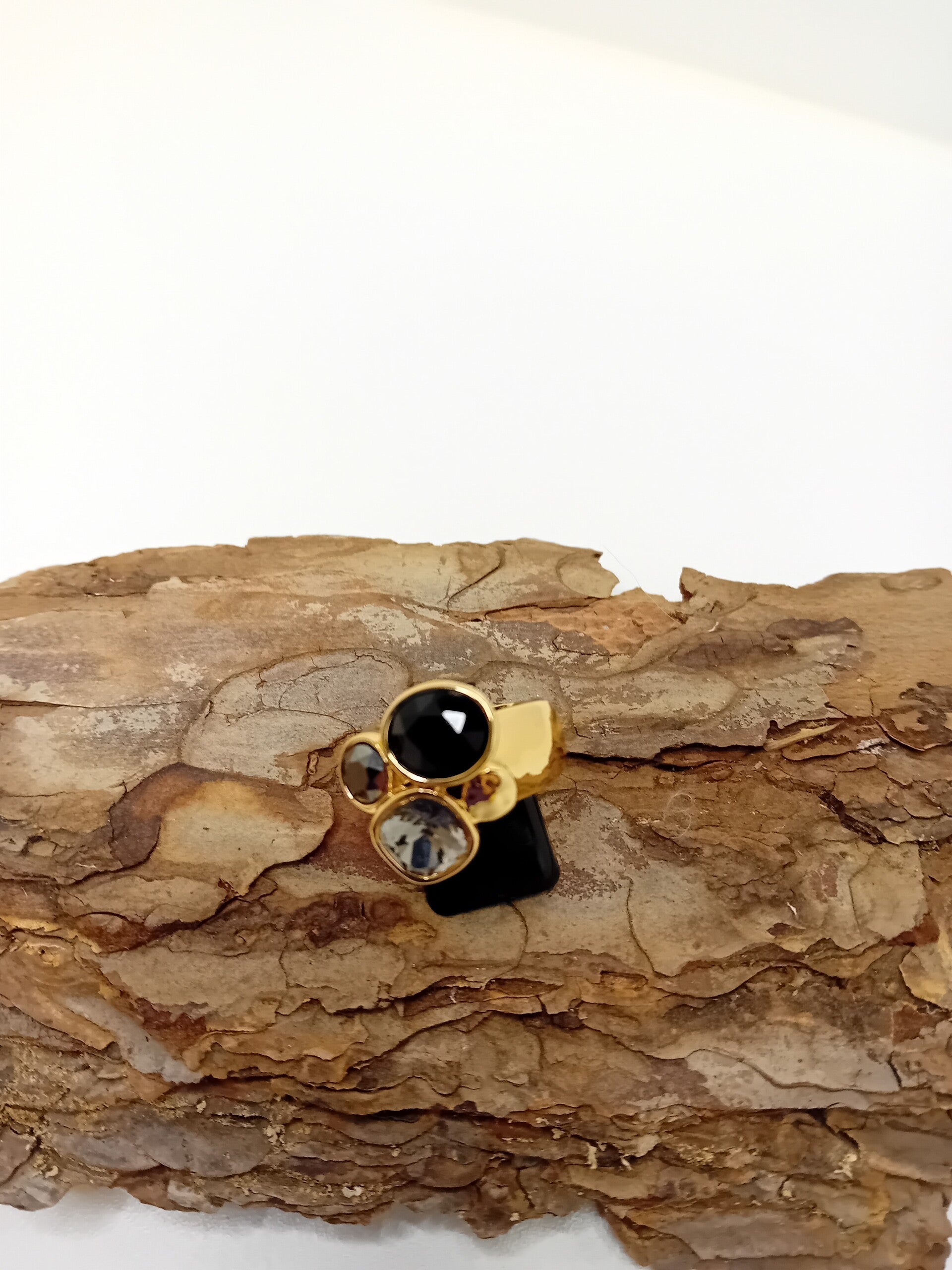 Roestvrije stalen ring met glassteentjes zwart/grijs