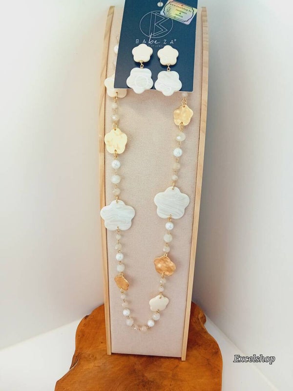 Setje ketting+oorbellen koraal ecru