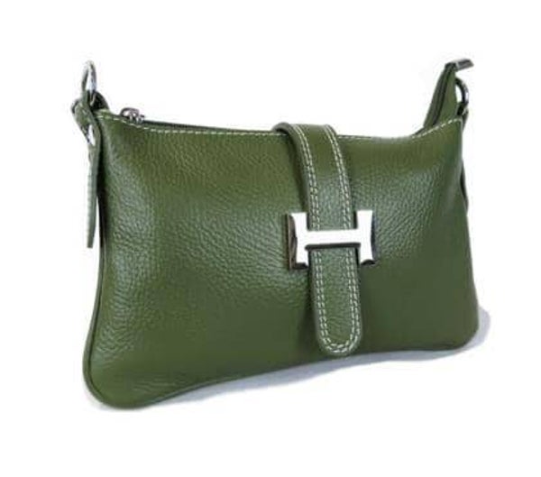 Kleine buideltas in leder , groen-blauw-taupe