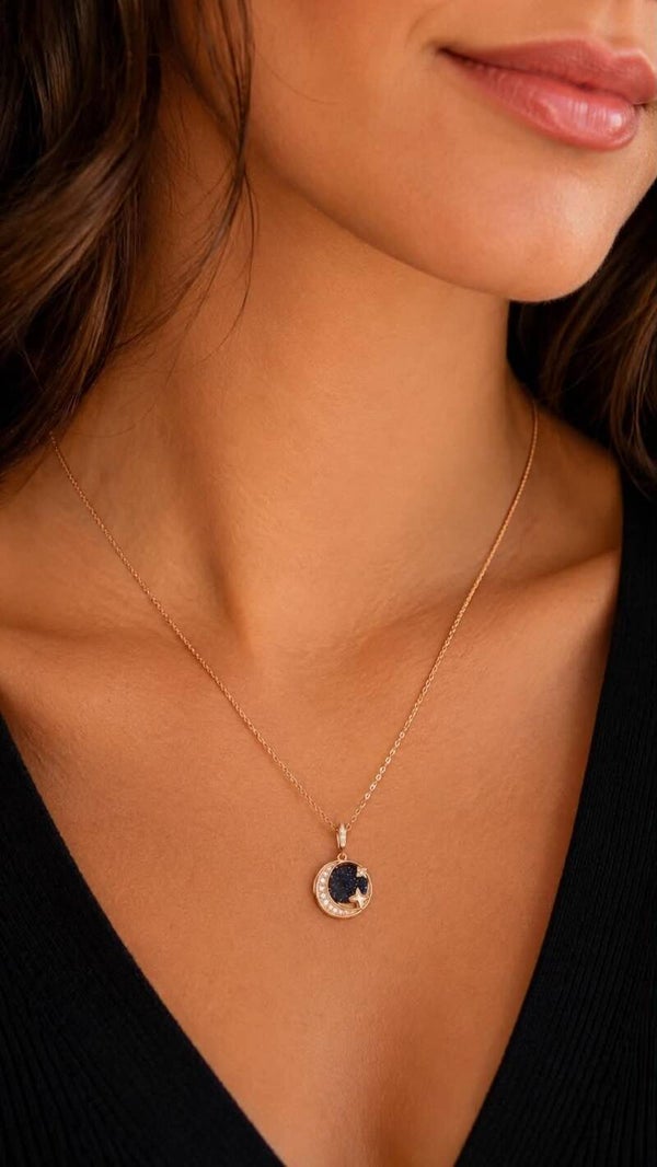 Zilveren ketting moon met onyx steen