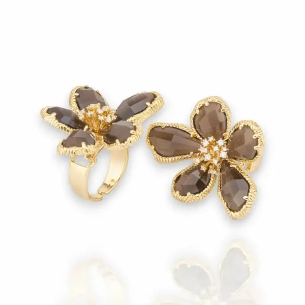 Bronzen ring bloem 'bruine blaadjes' (verstelbaar)