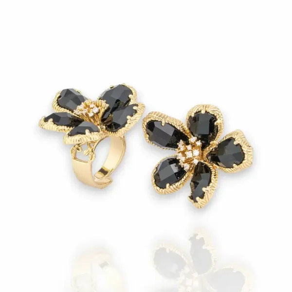 BRONZEN RING MET KATTENOOGBLOEM 5 BLOEMBLAADJES 32X42 MM VERSTELBARE MAAT GOUDZWART RVS