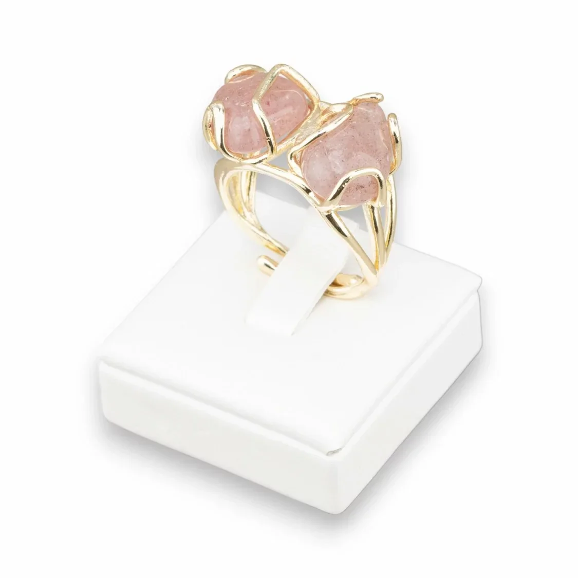 Bronzen ring natuursteen 'rozenkwarts' verstelbaar  16x22mm