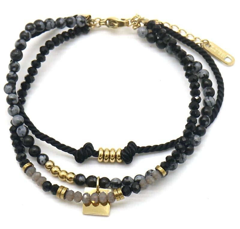 RVS laagjes armband met zwarte glassteentjes