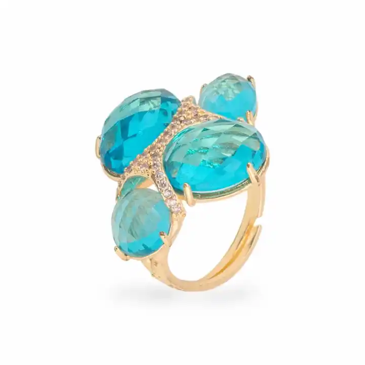 Bronzen ring met kattenoog met zirkonen, verstelbare maat, goudkleurig, lichtblauw, transparant