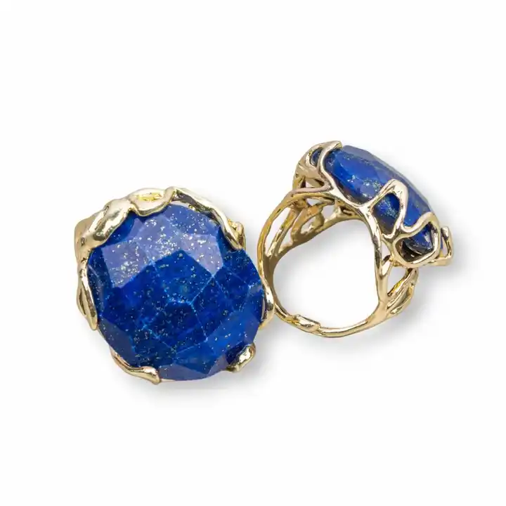 Bronzen ring met onregelmatige natuursteen 28x32mm verstelbare maat gouden lapis lazuli
