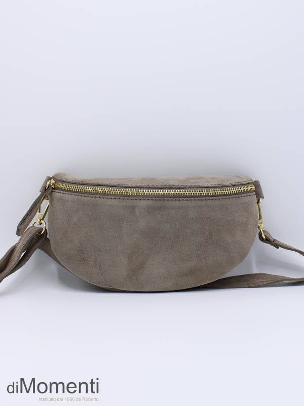 Bananentas suede beige met goudkleurige rits