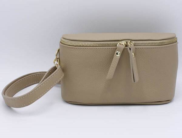 Mooie schoudertas taupe met goudkleurige rits
