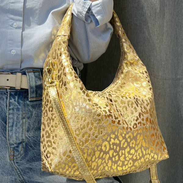 Doré gouden lederen handtas met schouderband