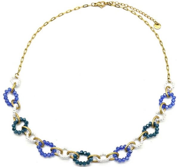 Glassteentjes blauw  lange ketting RVS