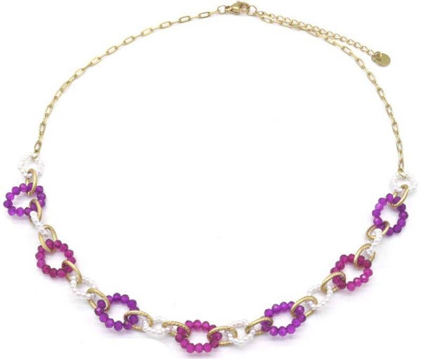 Glassteentjes roze  lange ketting RVS