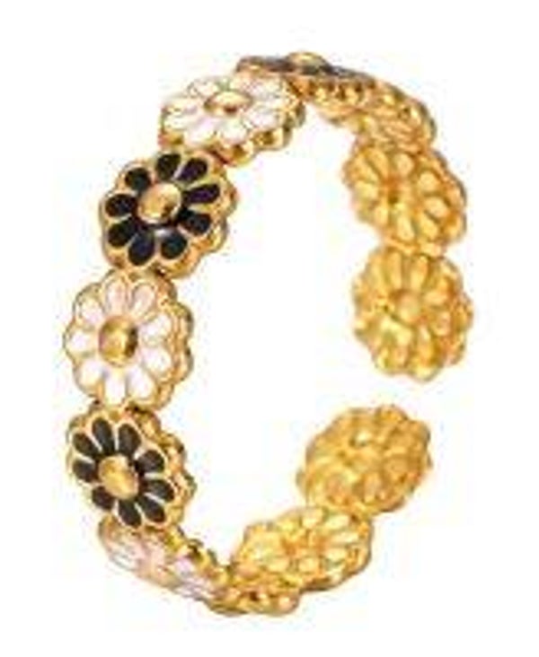 STEEL RING IN RVS BLOEMEN WIT EN ZWART AANPASBAAR