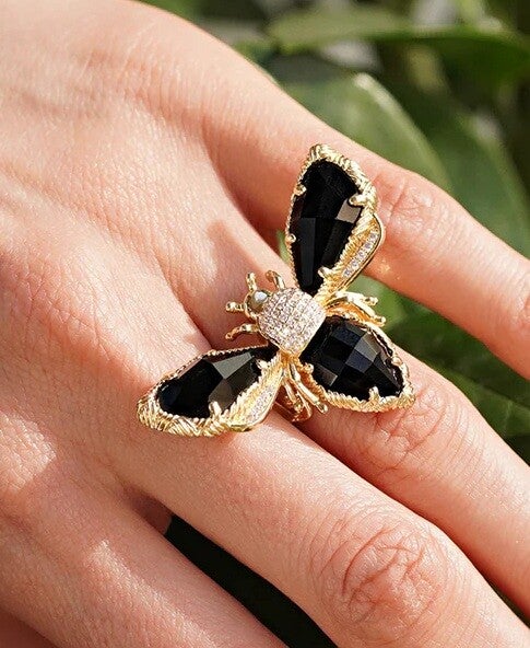 Bronzen ring bijen 'black-stones' (verstelbaar)