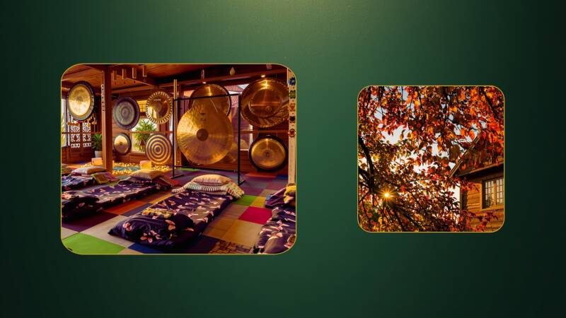 Rustgevende yogastudio in Lith met gongs en kristallen klankschalen, voorbereid voor een intuïtief klankbad en diepe ontspanning.