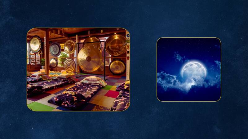 De sfeervolle yogaruimte van Kundalini Yoga Sat Nam in Lith, klaar voor een gongbad bij de Volle Maan in Ram, met gongs, kristallen klankschalen en warme verlichting.