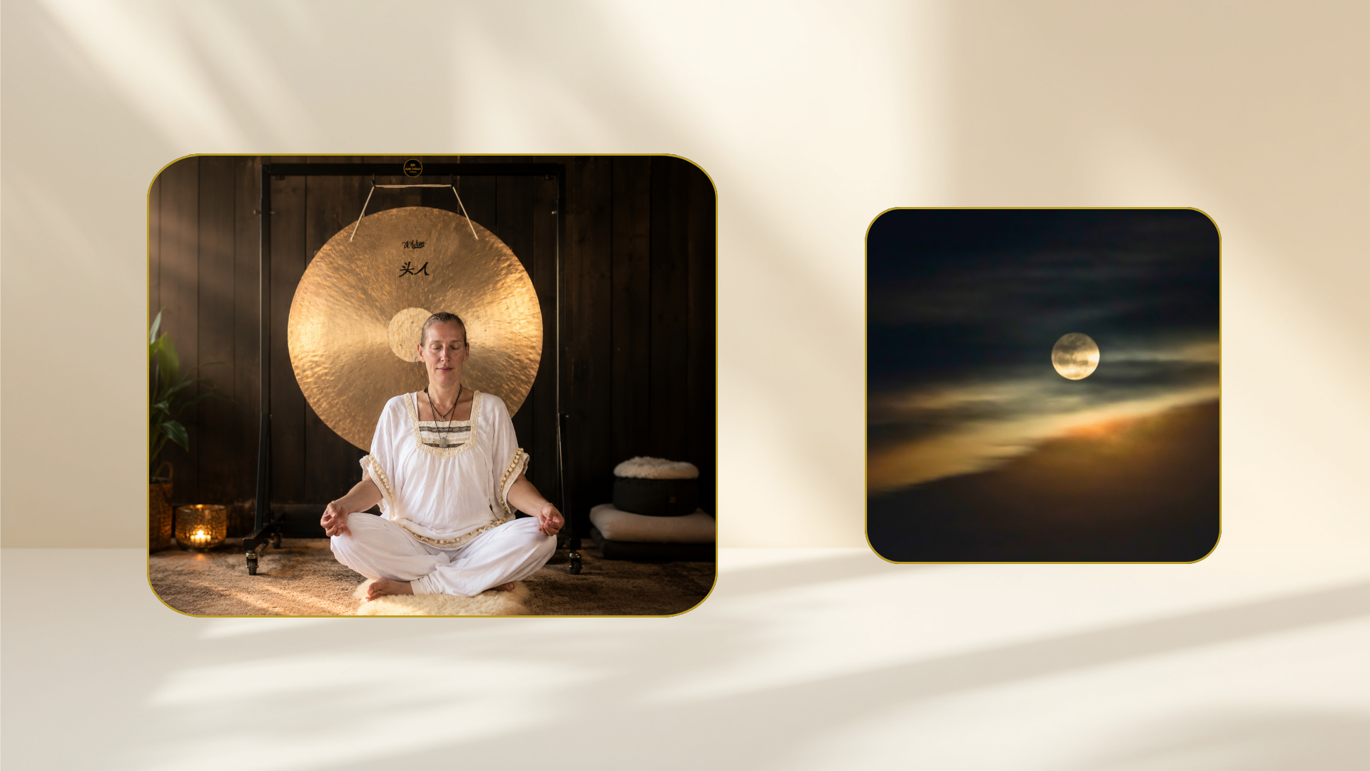 De sfeervolle yogaruimte van Kundalini Yoga Sat Nam in Lith, klaar voor een gongbad bij de Volle Maan in Ram, met gongs, kristallen klankschalen en warme verlichting.