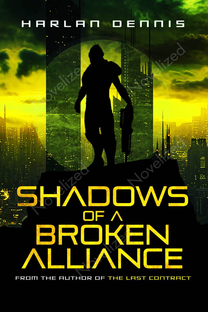 sci fi premade book cover with a sci fi soldier silhouette in a dystopian futuristic city