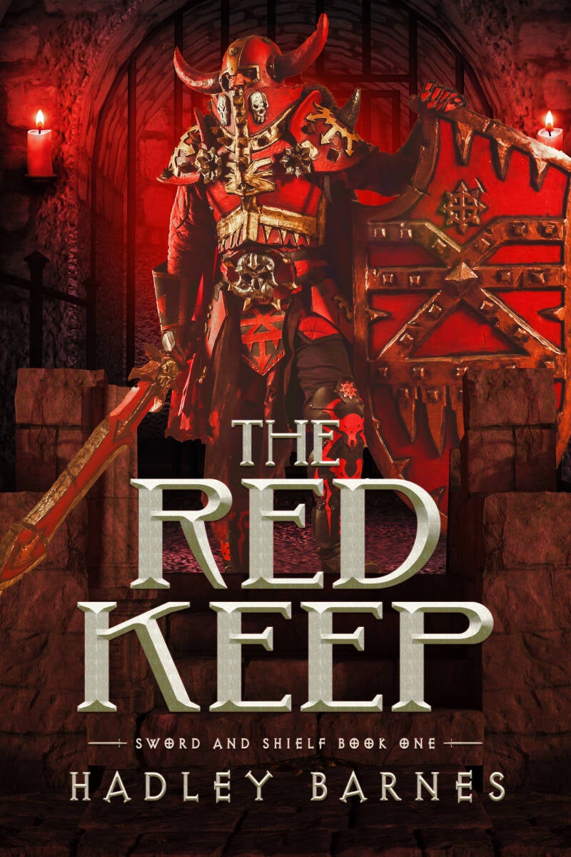 fantasy premade book cover with a powerful knight with a sheild and a sword in the dungeon