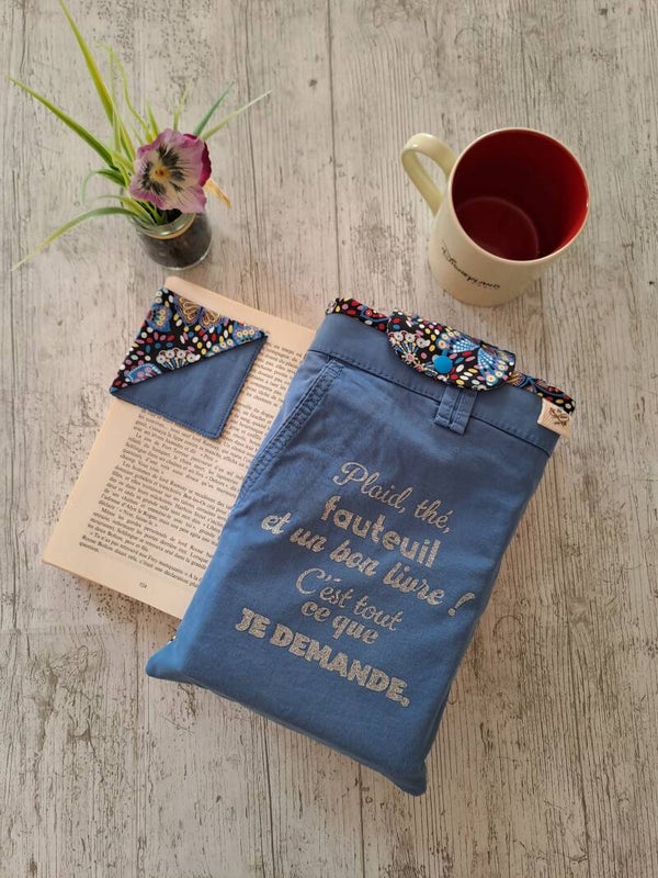 Pochette protège-livre en coton recyclé avec marque-page assorti – Format broché et poche épais