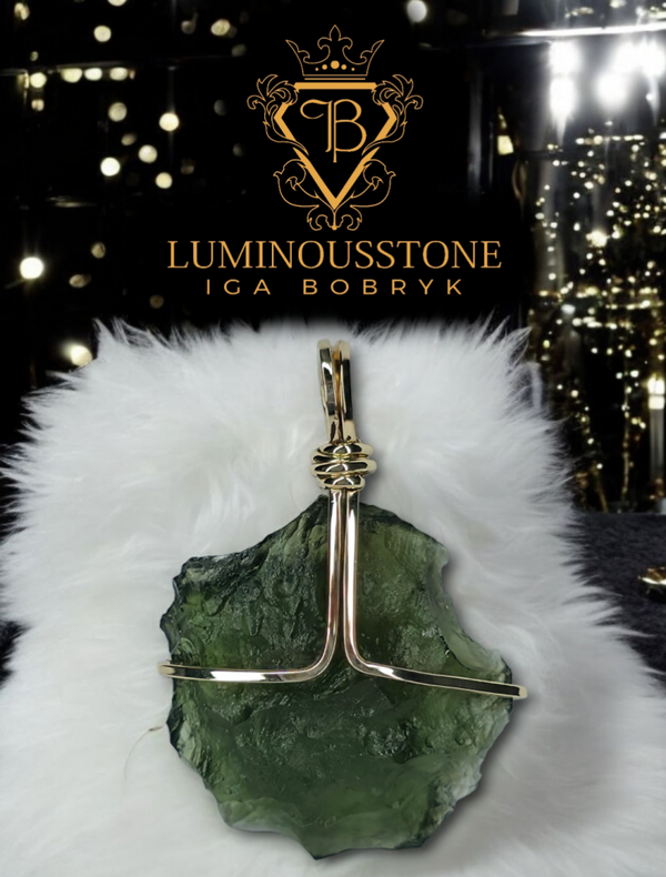 Moldavite in filled gold wire
