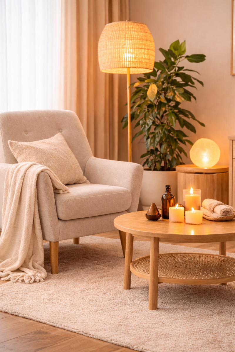 Coin détente chaleureux avec fauteuil, bougies et lumière tamisée