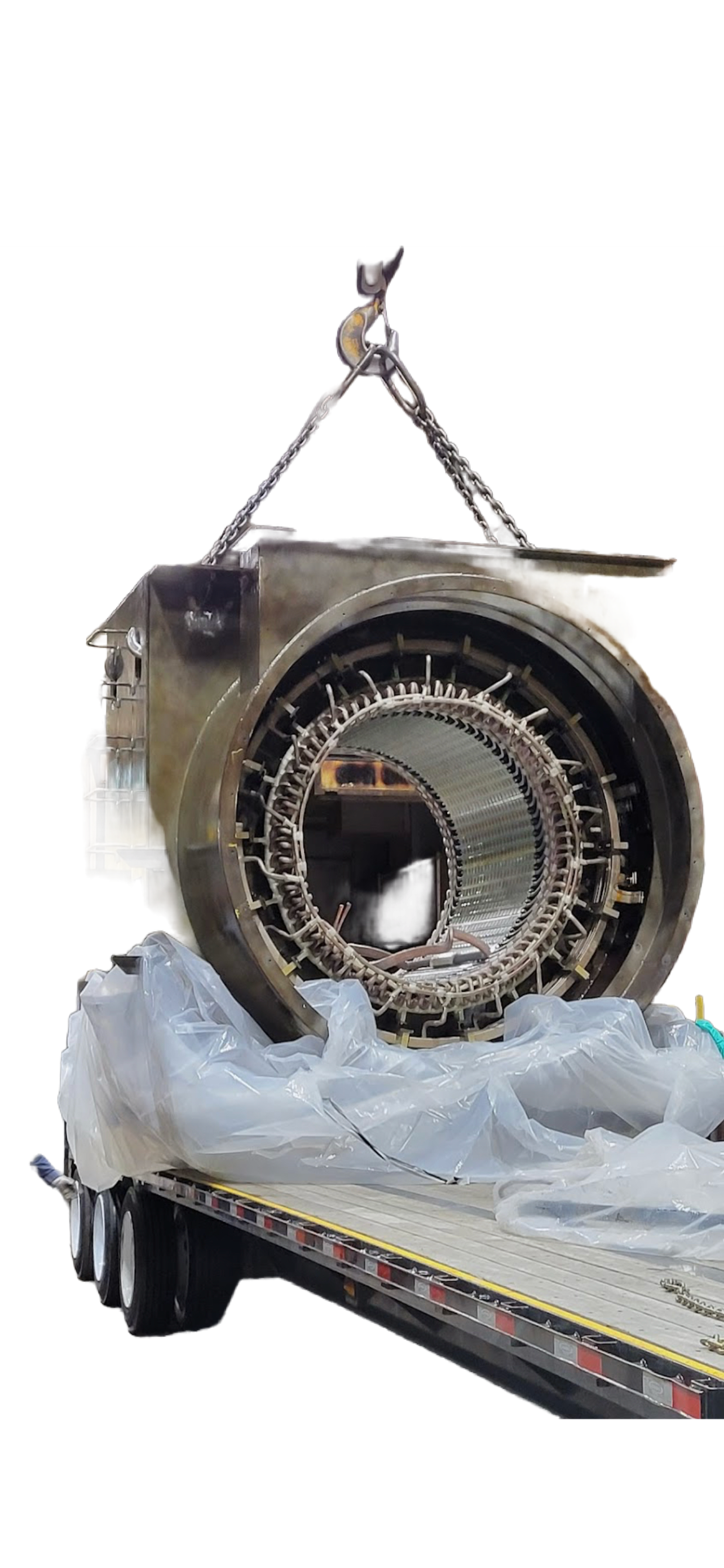 "Detailed view of a large stator, showcasing its substantial size and intricate winding patterns for industrial applications