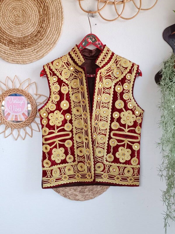 Vintage Afghan velvet golden embroidered gilet - size M
