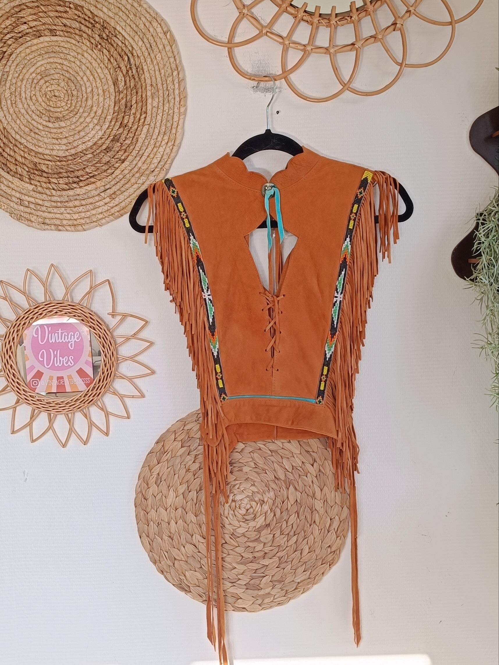 Vintage leather suéde fringe top - size M