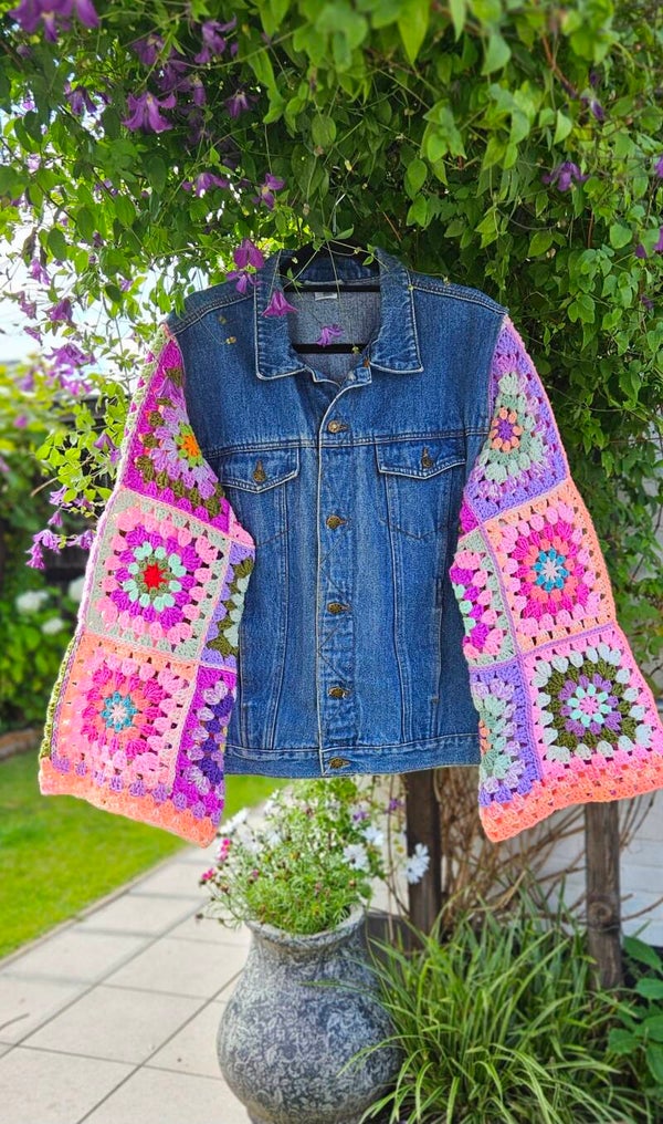Upcycled vintage denim jacket granny square crochet  - free size