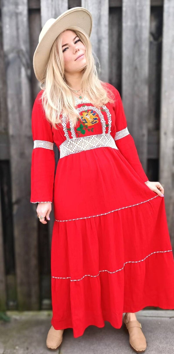Vintage 1970s cotton gauze embroidered dress - size L/XL