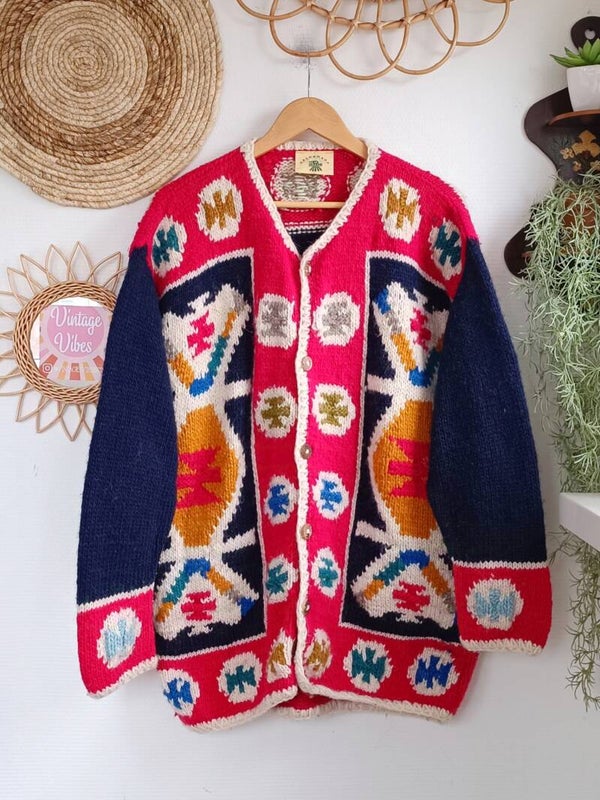 Vintage handknitted Pachamama woolen cardigan - size XL/XXL