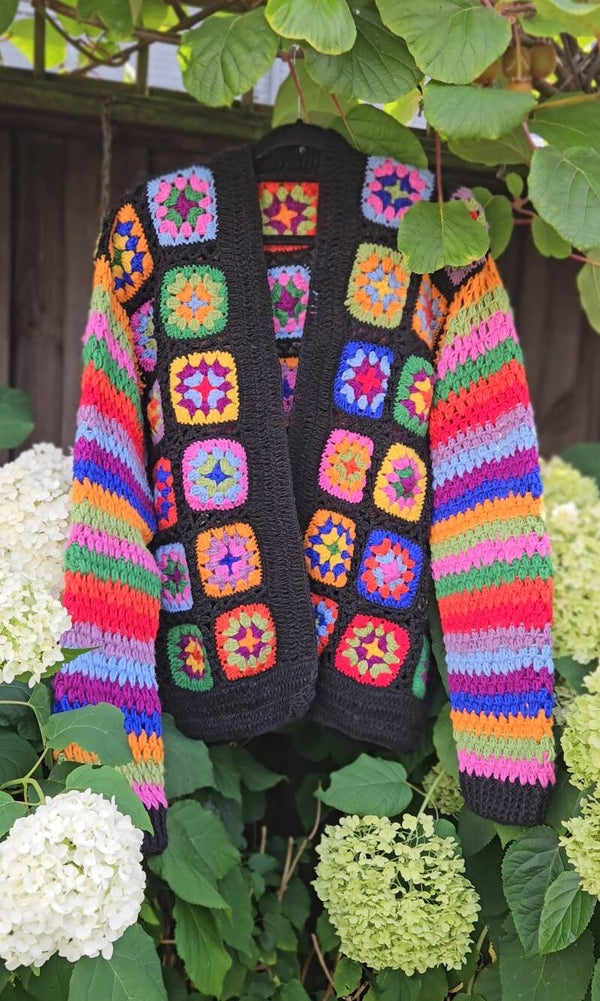 Handmade woolen Nepal granny squares crochet cardigan - one size