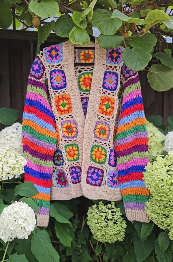 Handmade woolen Nepal granny square crochet cardigan - one size