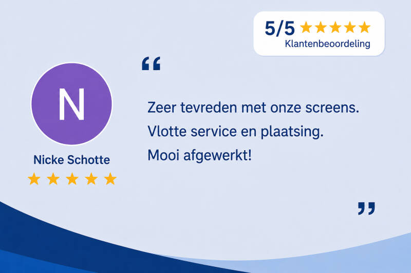 5 sterren klantenbeoordeling voor het plaatsen van screens in Langemark door de Firma Neyrinck