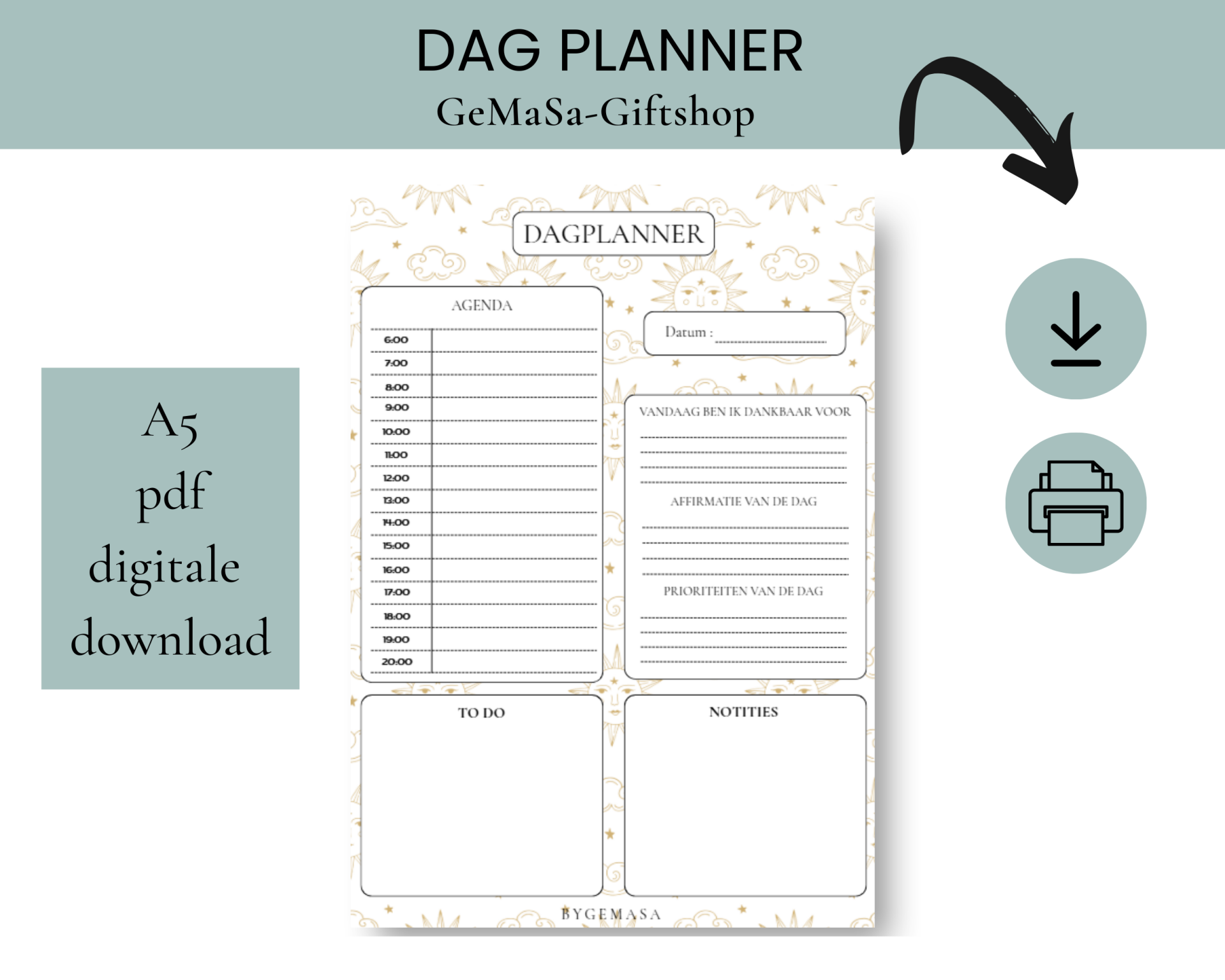 Printable Dag Planner Zon en Wolken