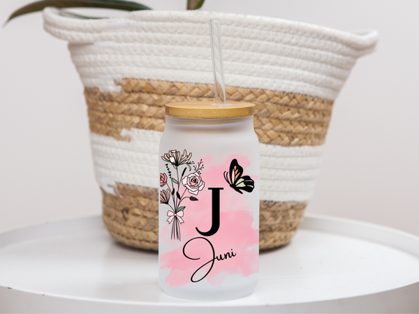 Gepersonaliseerd Glas Juni met Naam, Initiaal en Geboortebloem