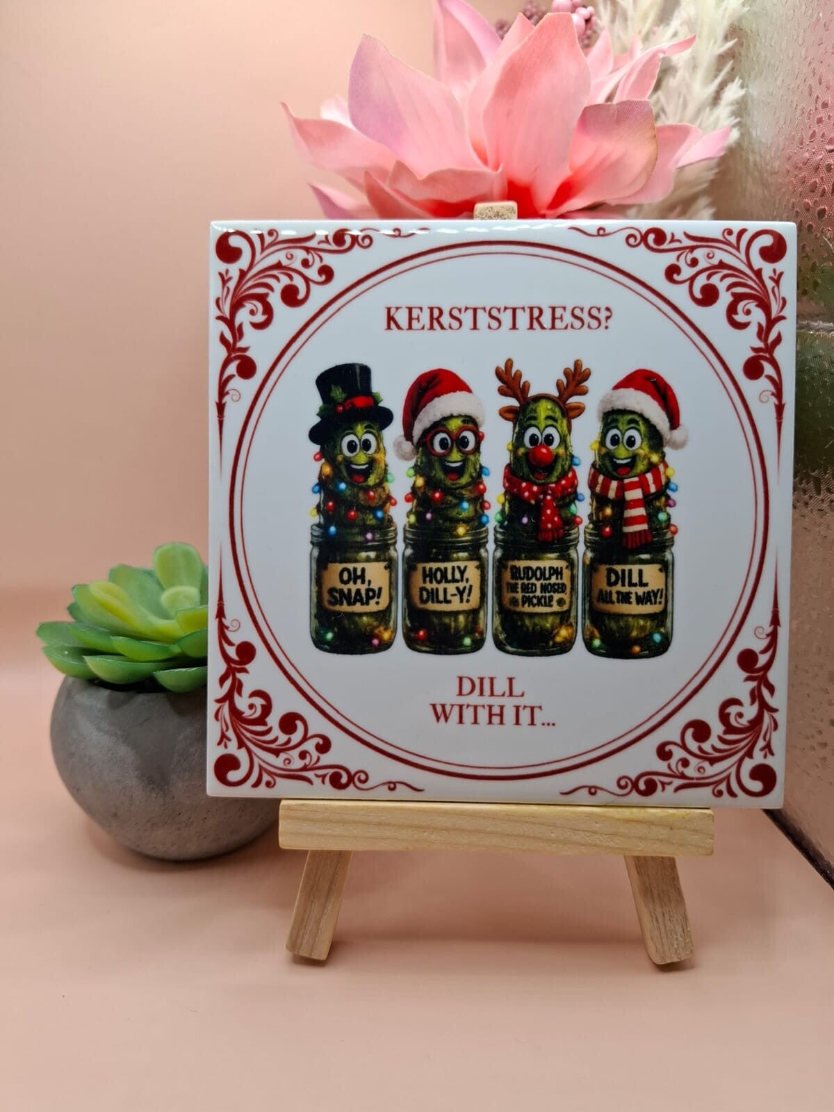 Delfts Rood Kerst Tegeltje - Kerststress? Dill with it