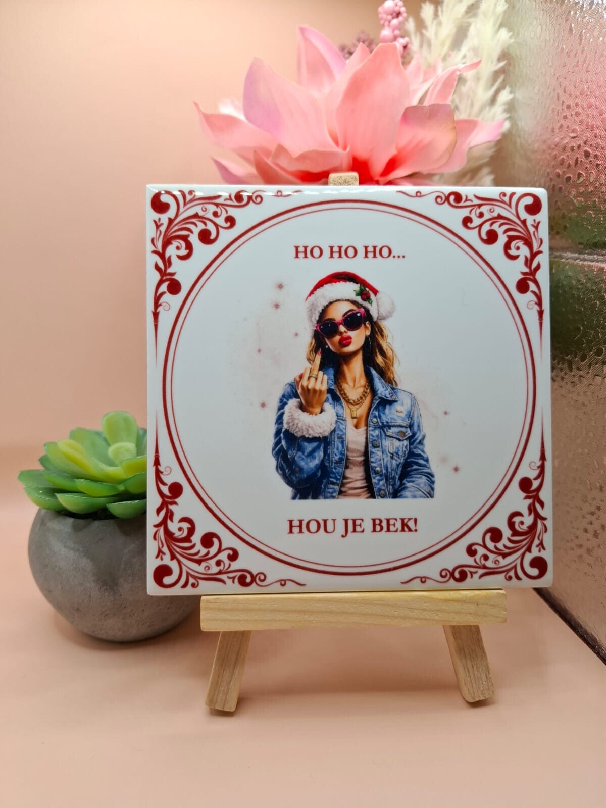 Delfts Rood Kerst Tegeltje - Ho Ho Ho Hou je Bek
