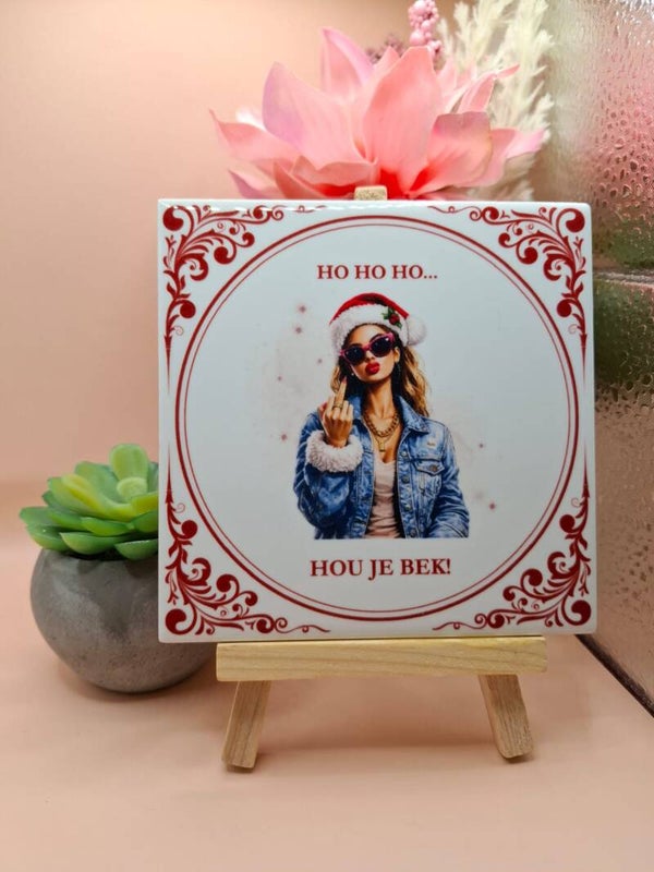 Delfts Rood Kerst Tegeltje - Ho Ho Ho Hou je Bek