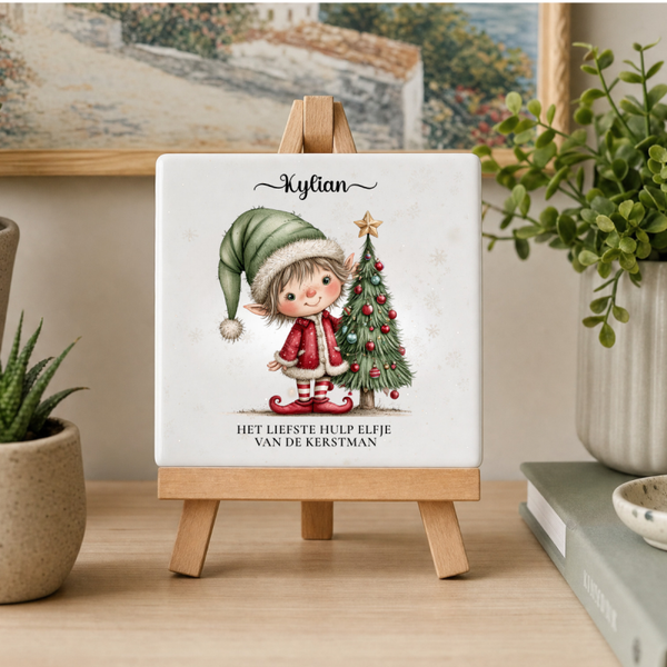 Gepersonaliseerd kersttegeltje – Hulpelfje jongen met naam