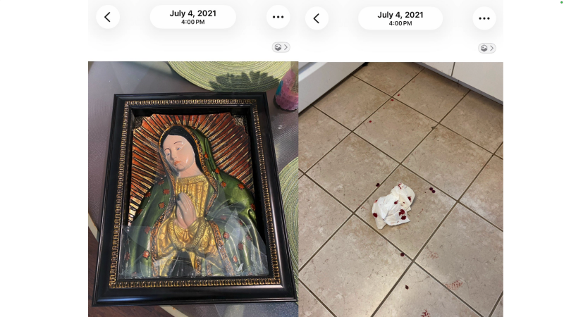 On July 4, 2021 at 4:00 Kyle injured his thumb trying hang this Shadow Box Frame of Our Lady of Guadalupe