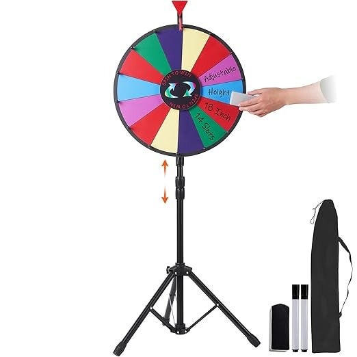 Roue de Loterie Personnalisée 45 cm, Roue de Fortune Effaçable à Sec, Roue de la Chance 14 Fentes Colorées, Roue de Fortune avec Support Trépied Réglable, Rotation Douce Stylo Effaceur Soirée