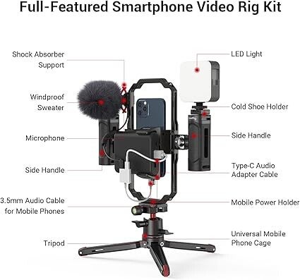 SMALLRIG Kit de Montage Vidéo avec Poignée Smartphone Video Rig avec Lumière Vidéo, Microphone et Trépied en Alliage d'Aluminium pour Tiktok et Youtube Vlog, pour Mobile Video Maker